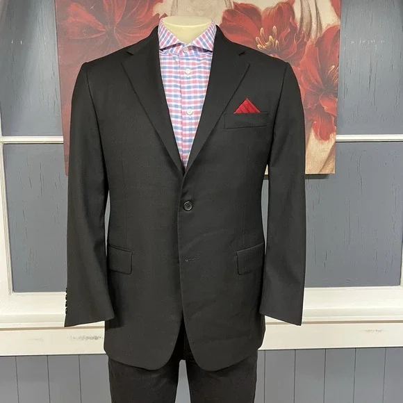 Hickey Freeman Suit Top Jacket Blazer Men 40S Short Wool Micro Herringbone Black
